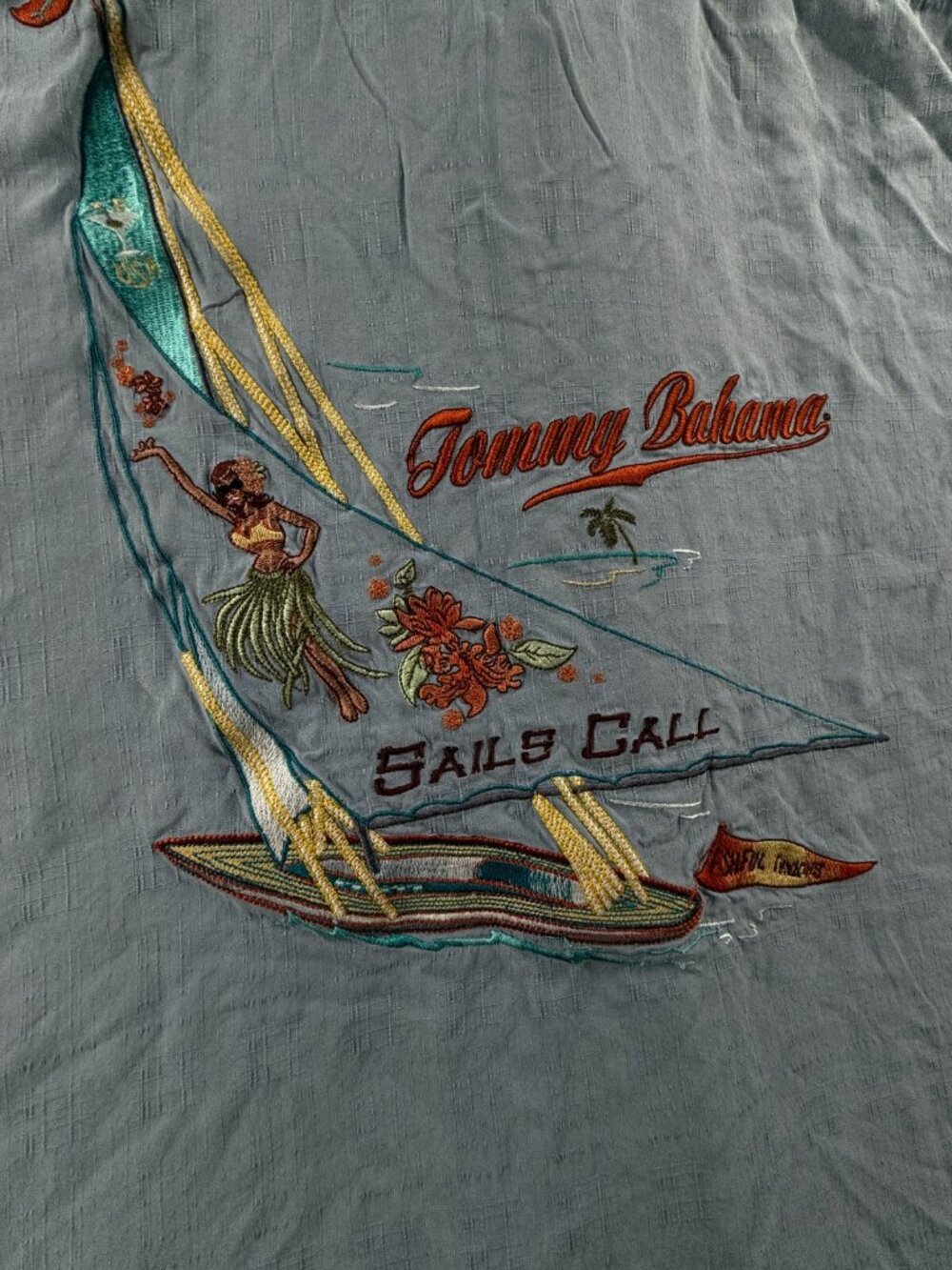 Tommy Bahama Sails Call Hula Girl Embroidered Hawaiian Shirt Blue 2XL Silk Adult - Picture 2 of 16